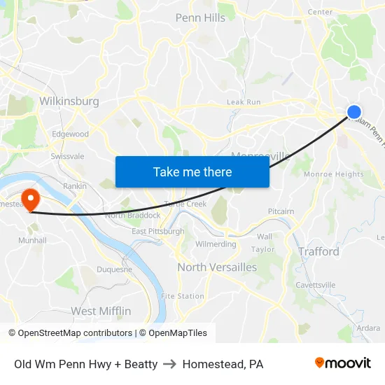 Old Wm Penn Hwy + Beatty to Homestead, PA map