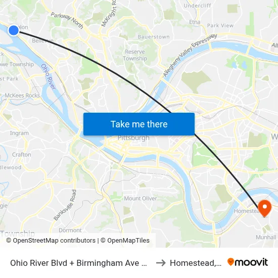 Ohio River Blvd + Birmingham Ave Bridge to Homestead, PA map