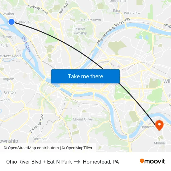 Ohio River Blvd + Eat-N-Park to Homestead, PA map