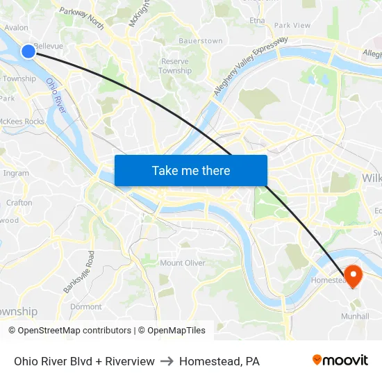 Ohio River Blvd + Riverview to Homestead, PA map
