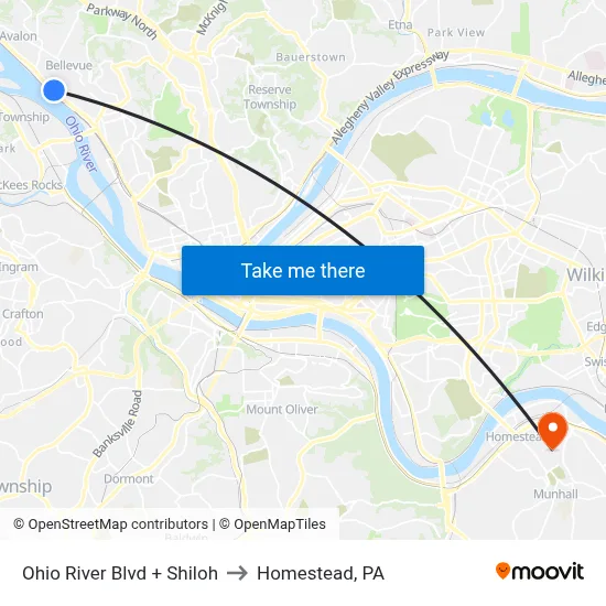 Ohio River Blvd + Shiloh to Homestead, PA map