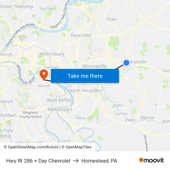 Hwy Rt 286 + Day Chevrolet to Homestead, PA map
