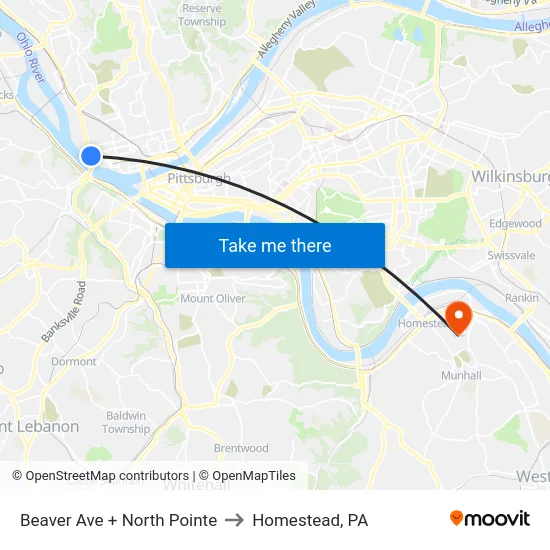Beaver Ave + North Pointe to Homestead, PA map
