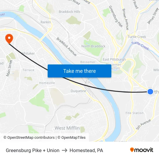 Greensburg Pike + Union to Homestead, PA map