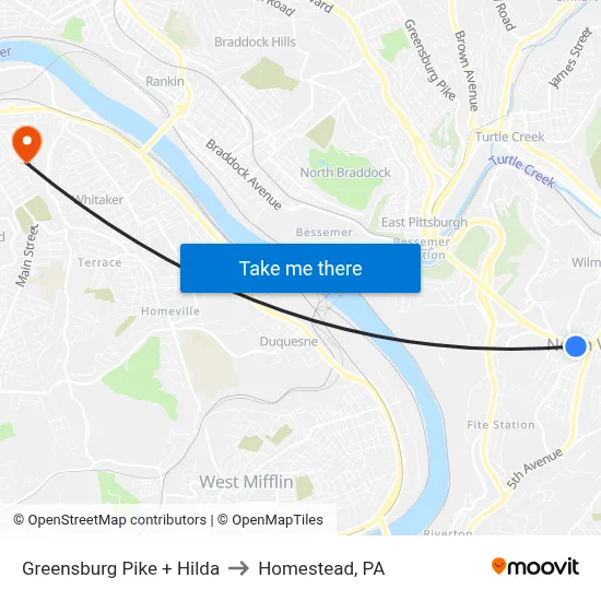 Greensburg Pike + Hilda to Homestead, PA map