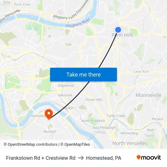 Frankstown Rd + Crestview Rd to Homestead, PA map
