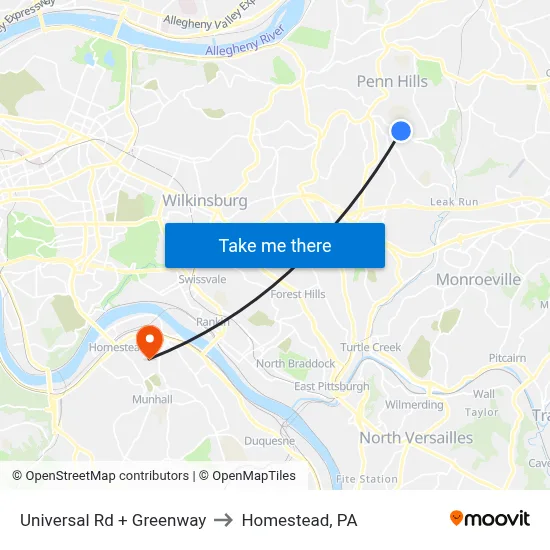 Universal Rd + Greenway to Homestead, PA map