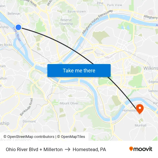 Ohio River Blvd + Millerton to Homestead, PA map