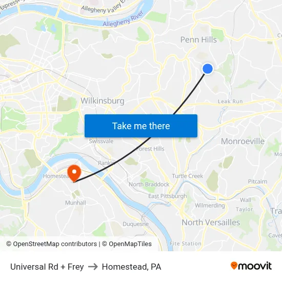 Universal Rd + Frey to Homestead, PA map