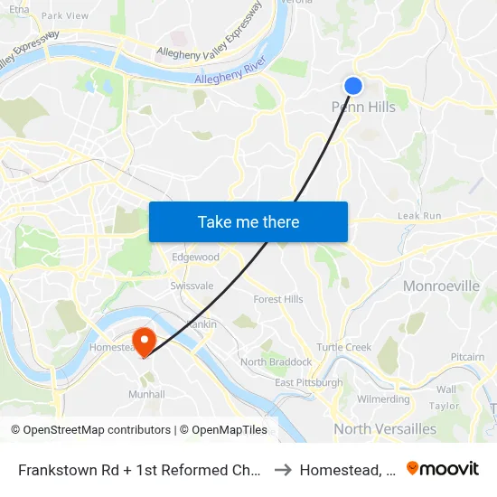 Frankstown Rd + 1st Reformed Church to Homestead, PA map
