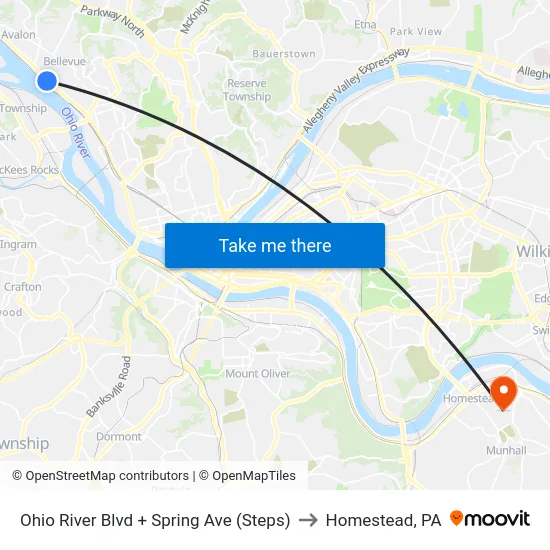 Ohio River Blvd + Spring Ave (Steps) to Homestead, PA map