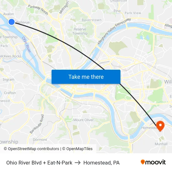 Ohio River Blvd + Eat-N-Park to Homestead, PA map