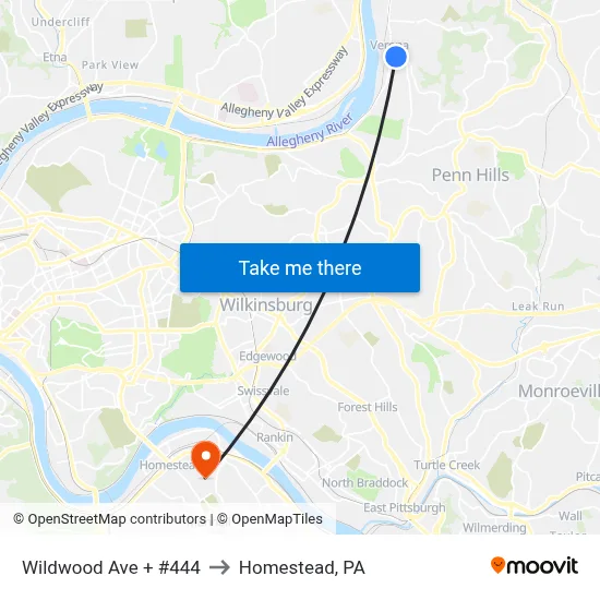 Wildwood Ave + #444 to Homestead, PA map