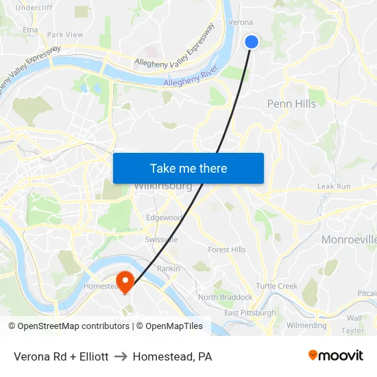 Verona Rd + Elliott to Homestead, PA map