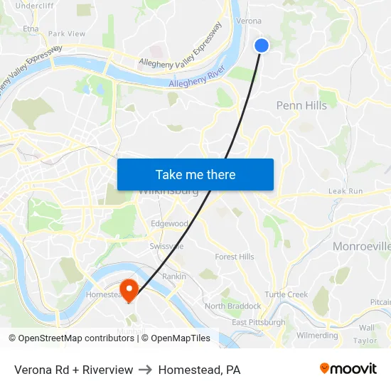 Verona Rd + Riverview to Homestead, PA map