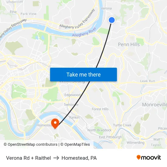 Verona Rd + Raithel to Homestead, PA map