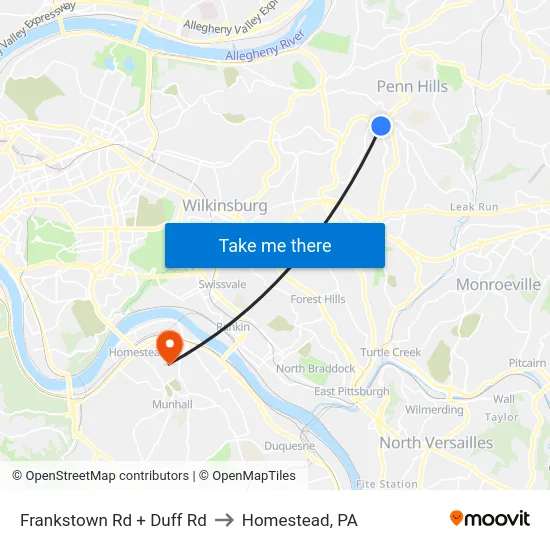 Frankstown Rd + Duff Rd to Homestead, PA map