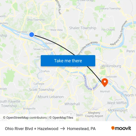 Ohio River Blvd + Hazelwood to Homestead, PA map