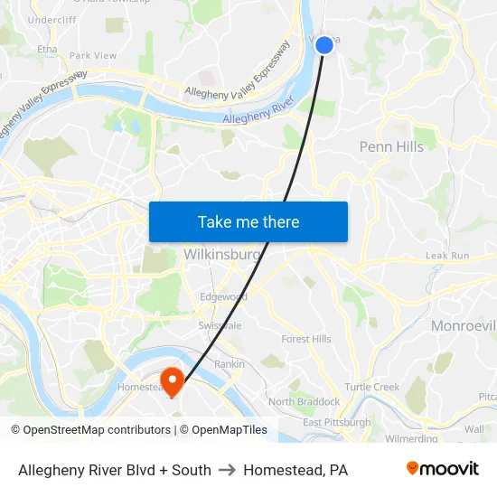 Allegheny River Blvd + South to Homestead, PA map