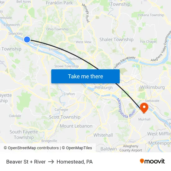 Beaver St + River to Homestead, PA map