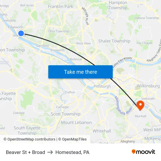 Beaver St + Broad to Homestead, PA map