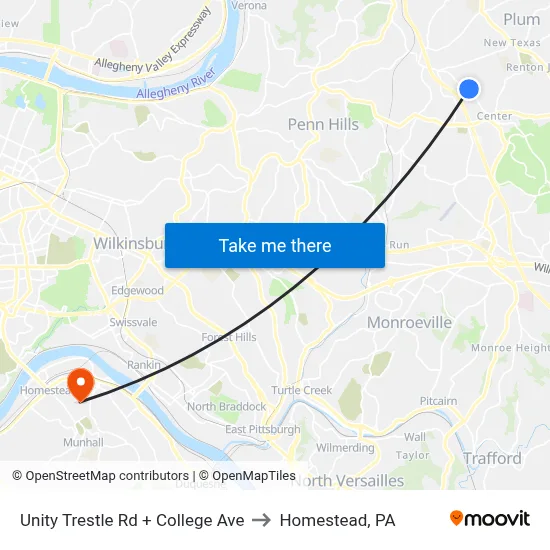 Unity Trestle Rd + College Ave to Homestead, PA map
