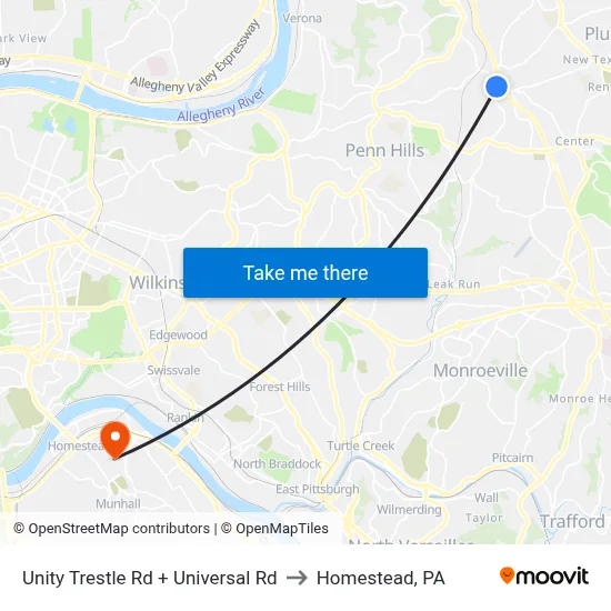 Unity Trestle Rd + Universal Rd to Homestead, PA map