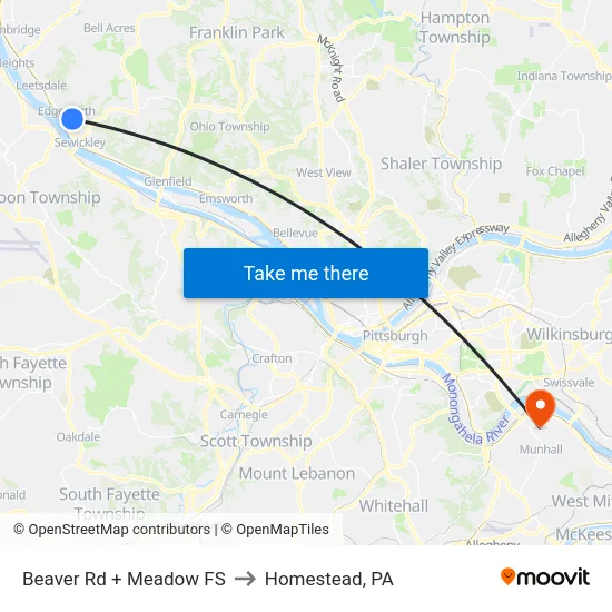 Beaver Rd + Meadow FS to Homestead, PA map