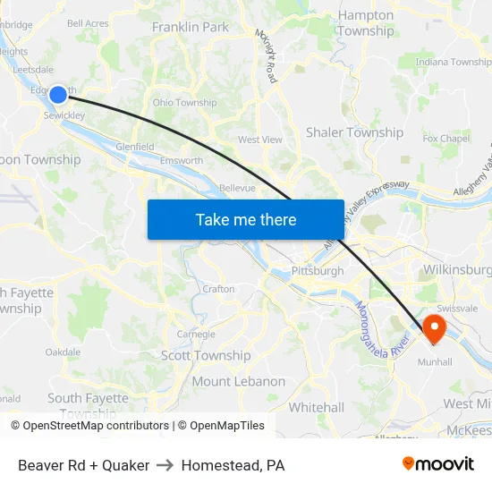 Beaver Rd + Quaker to Homestead, PA map