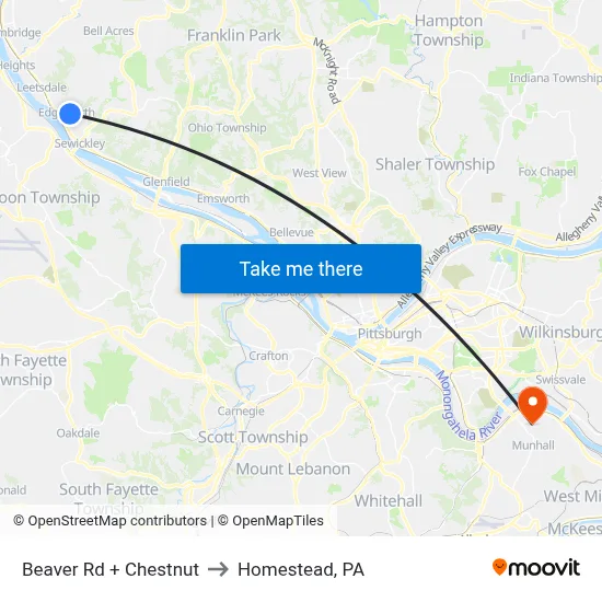 Beaver Rd + Chestnut to Homestead, PA map