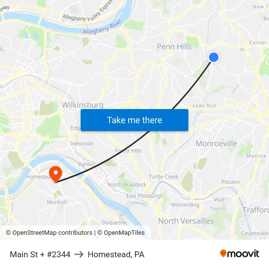 Main St + #2344 to Homestead, PA map