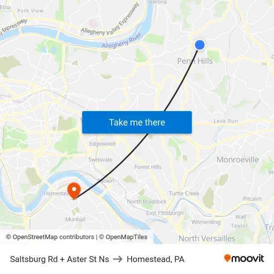 Saltsburg Rd + Aster St Ns to Homestead, PA map
