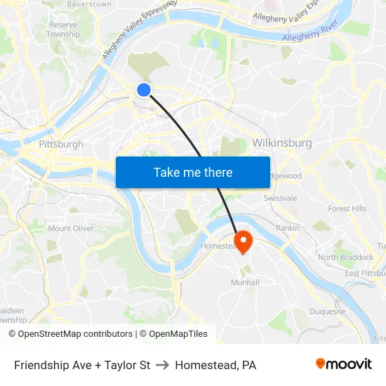 Friendship Ave + Taylor St to Homestead, PA map