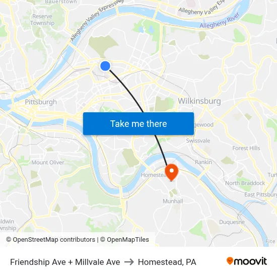 Friendship Ave + Millvale Ave to Homestead, PA map