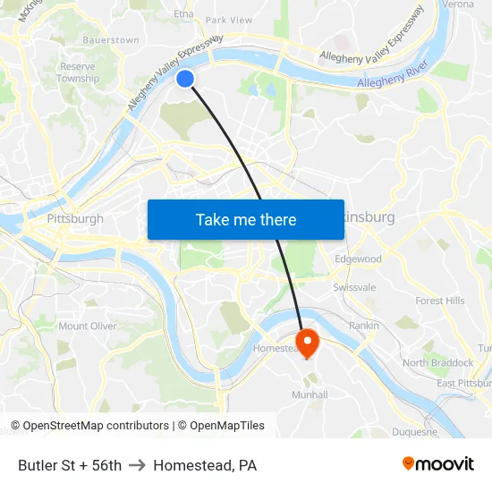 Butler St + 56th to Homestead, PA map