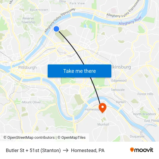Butler St + 51st (Stanton) to Homestead, PA map