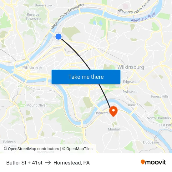 Butler St + 41st to Homestead, PA map