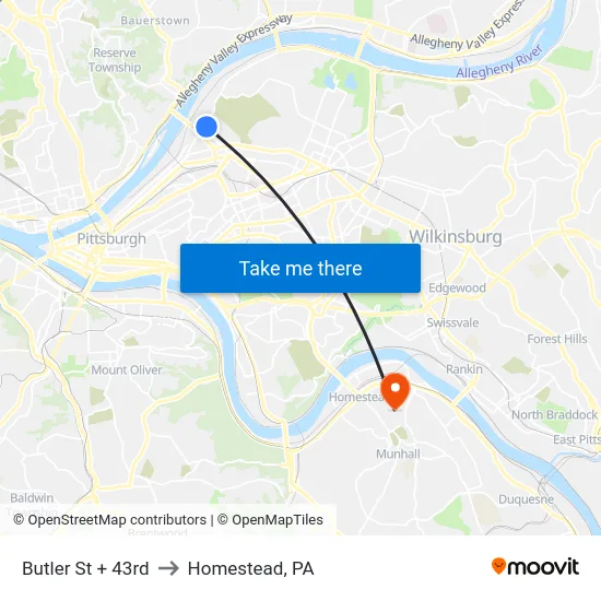 Butler St + 43rd to Homestead, PA map