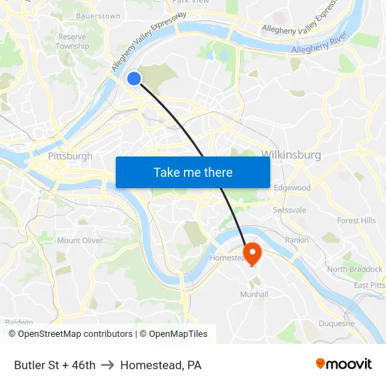 Butler St + 46th to Homestead, PA map