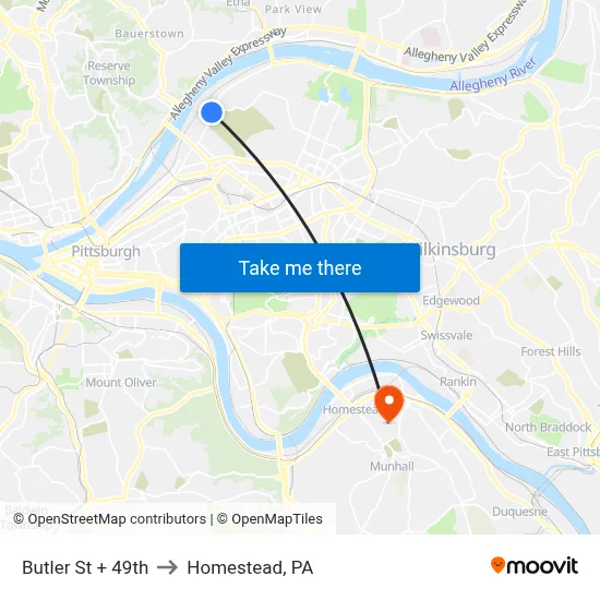 Butler St + 49th to Homestead, PA map