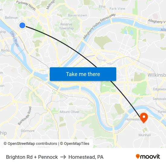 Brighton Rd + Pennock to Homestead, PA map