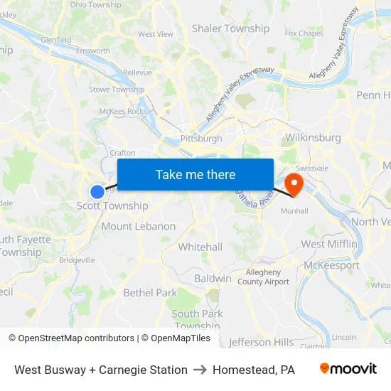 West Busway + Carnegie Station to Homestead, PA map
