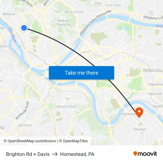 Brighton Rd + Davis to Homestead, PA map