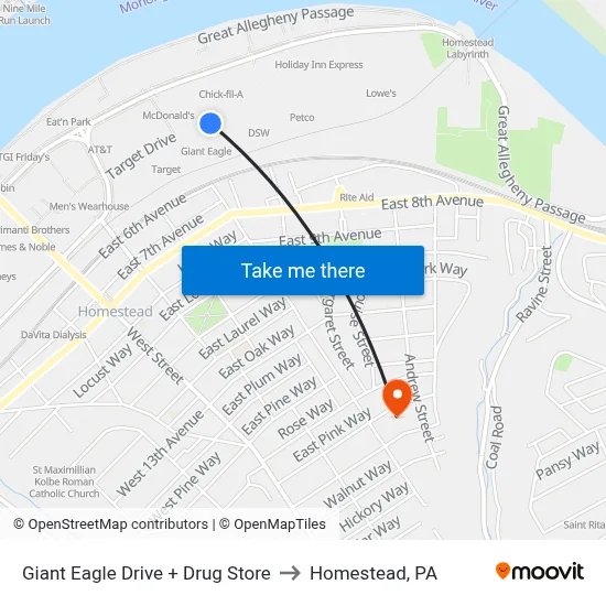 Giant Eagle Drive + Drug Store to Homestead, PA map