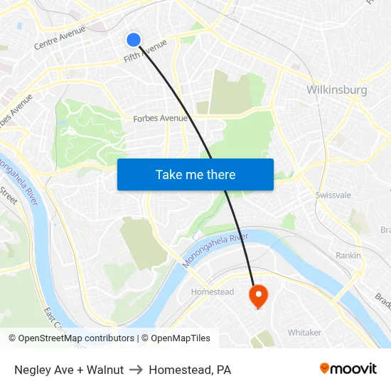 Negley Ave + Walnut to Homestead, PA map
