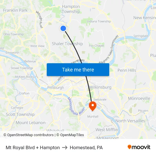 Mt Royal Blvd + Hampton to Homestead, PA map
