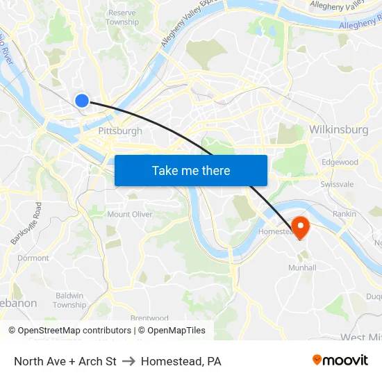 North Ave + Arch St to Homestead, PA map