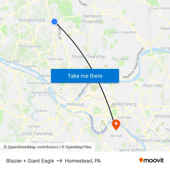 Blazier + Giant Eagle to Homestead, PA map