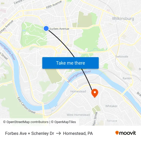 Forbes Ave + Schenley Dr to Homestead, PA map