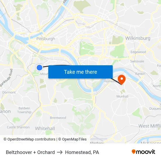 Beltzhoover + Orchard to Homestead, PA map